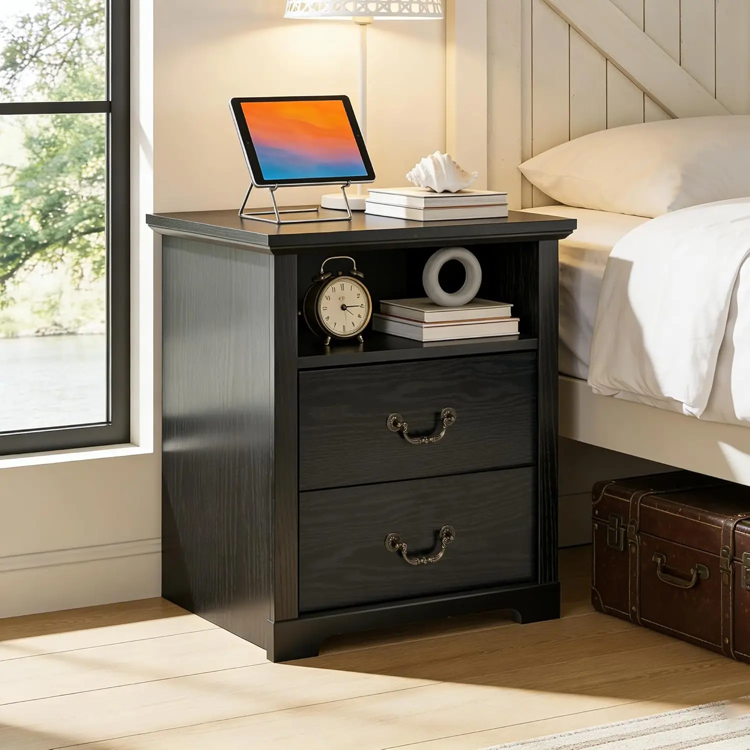 

Black Rustic Nightstand with 2 Drawers & Open Shelf Wood Bedside Table for Bedroom Living Room, Customized