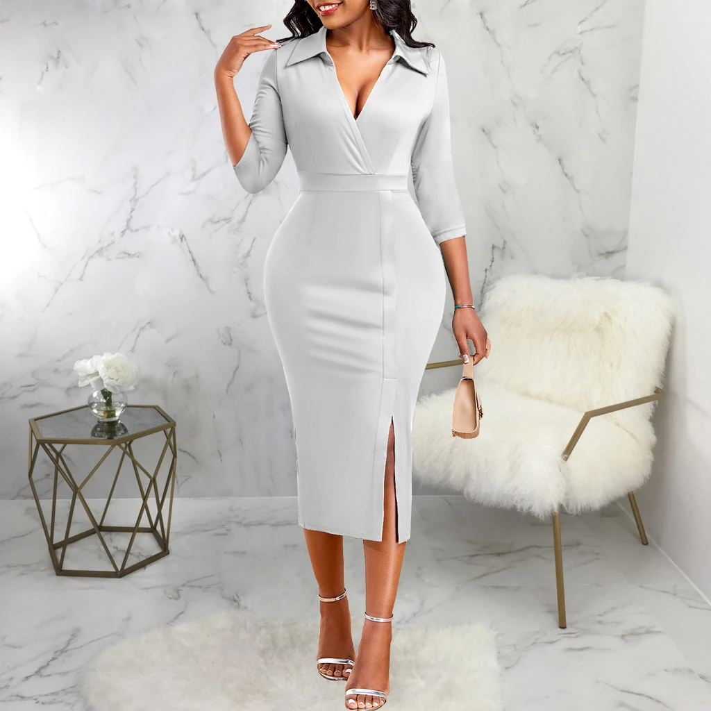 Elegant Women Suit Dress 2024 Fashion V-neck Pleated Waisted Midi Dress Workplace 3/4 Sleeve Vestidos Office Lady Robes