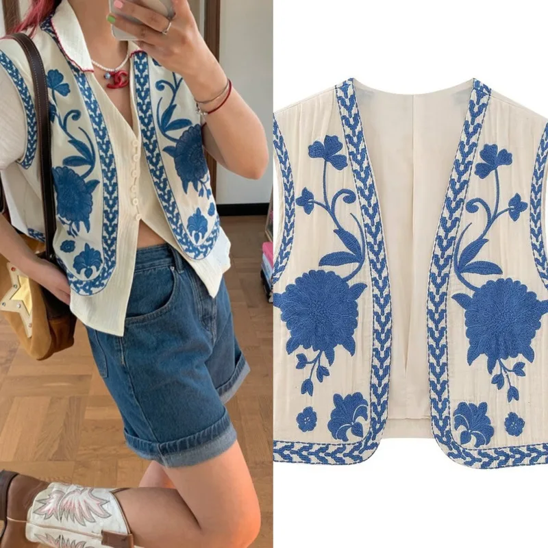 

Women Vintage Floral Embroidered Open Waist Coat Lady Folk Style Vest Jacket Casual Vacation Top Cardigan Sleeveless Blazer