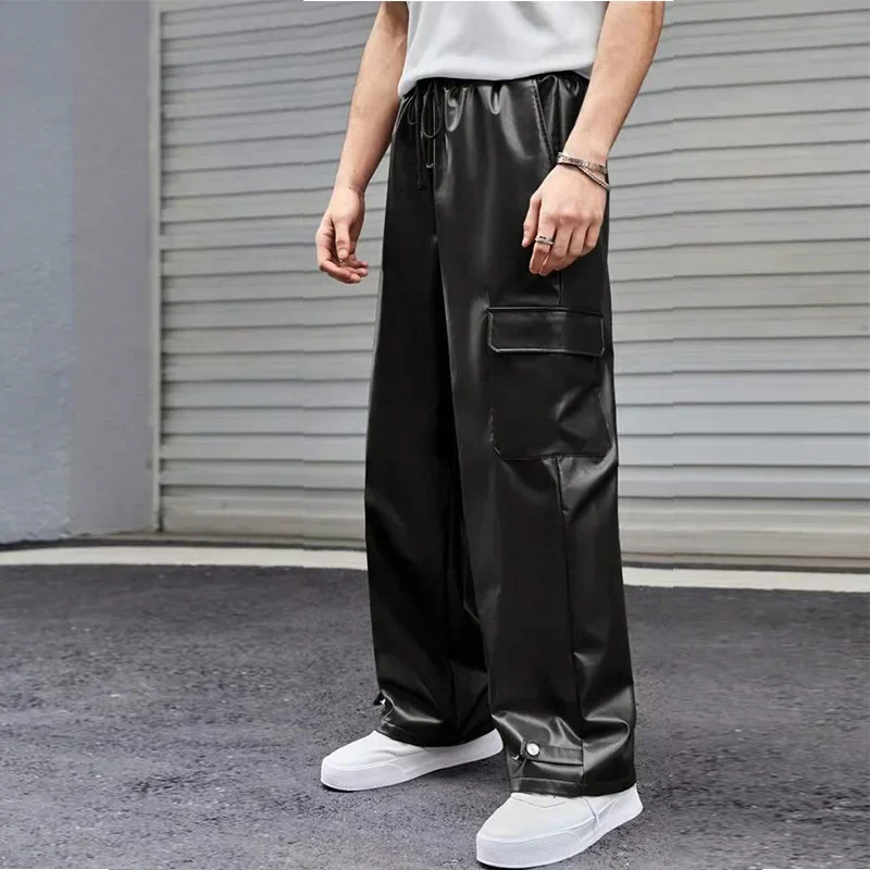 Pantaloni Cargo larghi in pelle PU opaca Chic da uomo tasca con patta coulisse vita alta elastico dritto gamba larga pantaloni Y2K personalizzati