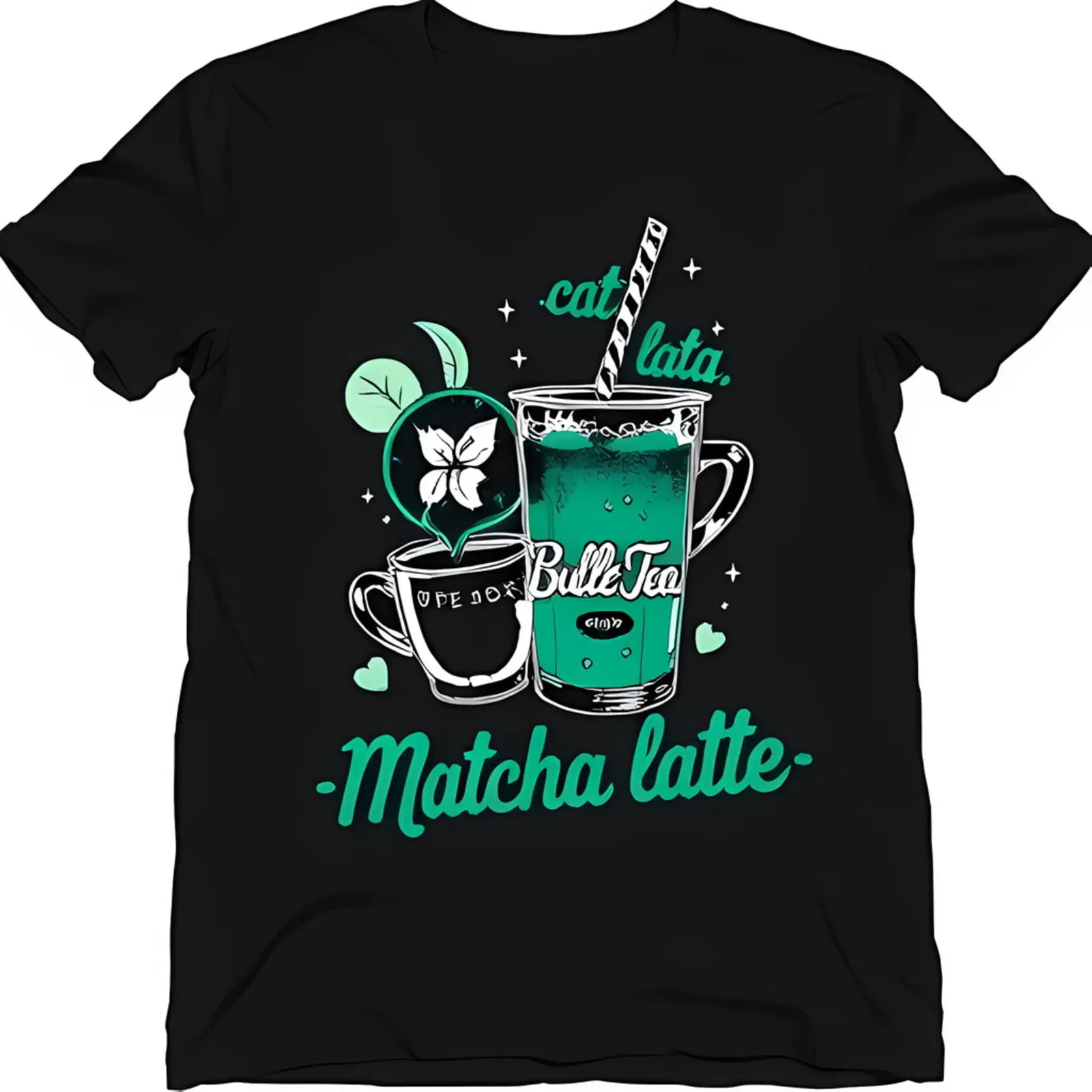 Black T-Shirt with Green Drink & Coffee Cup Graphic 'Bulle Tea Club' Design