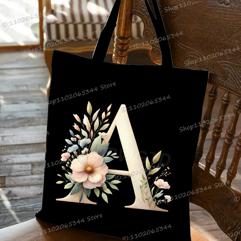 جديد المرأة خمر الأبجدية الذهبية حقائب اليد الرجعية الأزهار الاتجاه قماش حقيبة كتف عادية أنثى زهرة رسالة A-Z حمل الحقائب