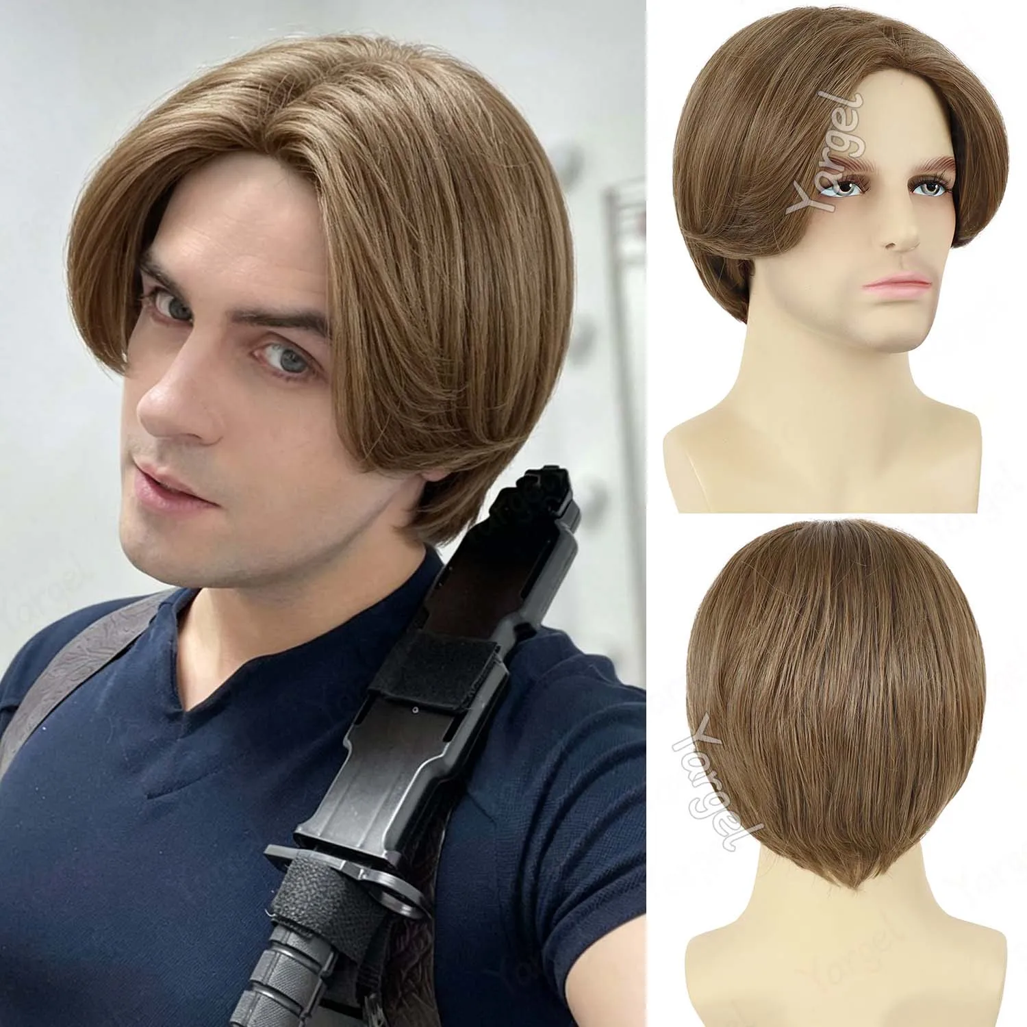 

Synthetic Mens Black|Brown Wig Short Straight Boy Wigs Middle Part Wig for Daily Cosplay Halloween Party Wear, Leon Costume Wig
