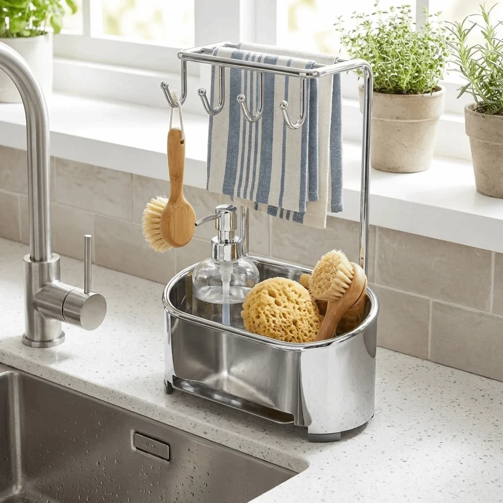 

Gunmetal Gray Kitchen Sink Organizer Compact Design Drainage Base Storage Organizer Rack Functional Design Sleek Modern Look