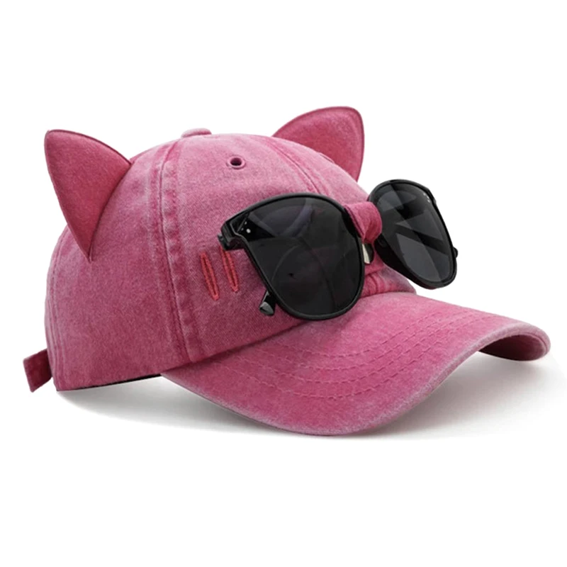 Girls Cat Ears Sunglasses Pink Baseball Cap Ins Personality Ins Trendy Cool Girl Cap Washed Retro Cotton Baseball Hat