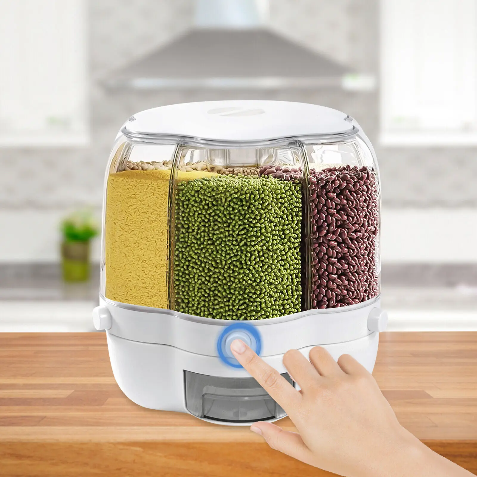 

Rotating Food Dispenser Cereal Container 6-Grid Flour Storage Bucket Rice Grains Tank with Handle Lid