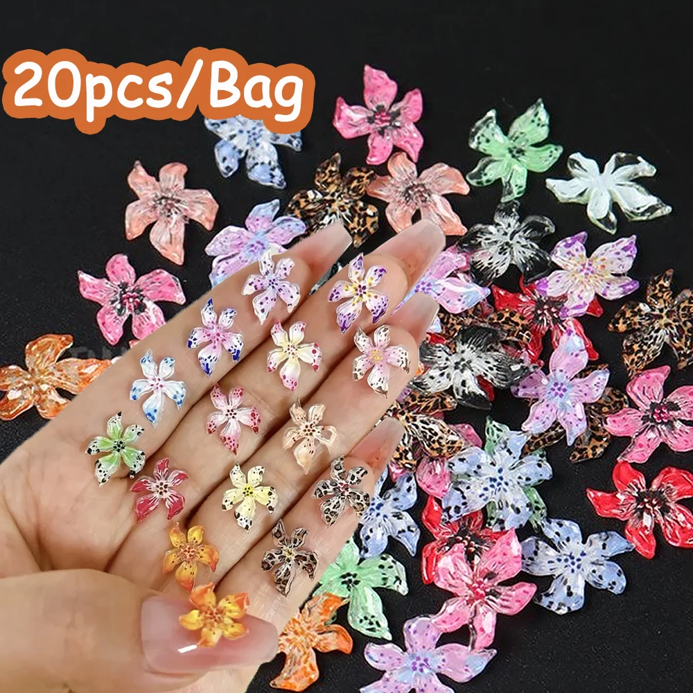 20pcs 3D Mixed Resin Gradient Colorful Ice Crystal Lily Flower Nail Charms Bizarre Style Spotted Leopard Print Manicure Decor