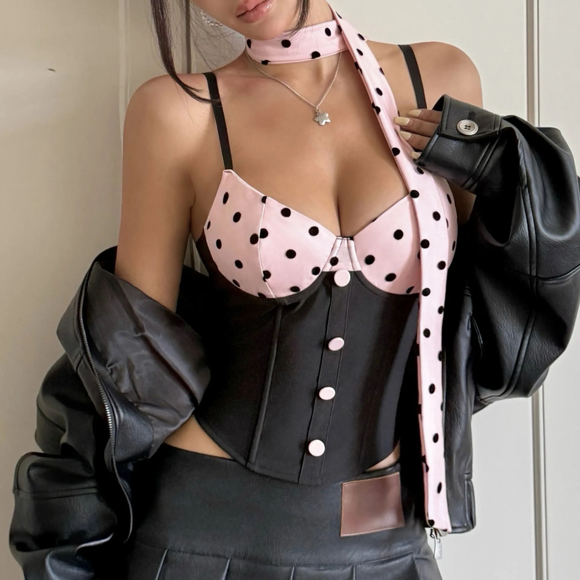 sexy black pink polka dot print push up buttons tops vest chic coquette corset cami slim waist tank tube top camisas clothes