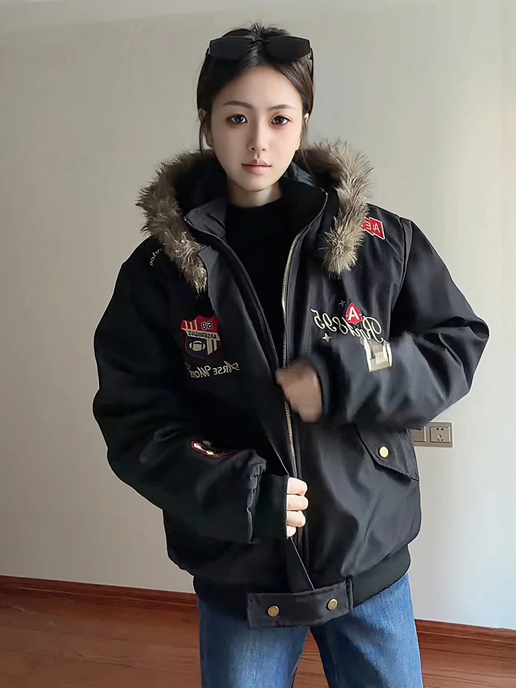 

Thickened Short Stitching Duck down Parka Coat with Fur Collar Men Women Winter Warm Cotton Workwear Jacket Polyester Fiber