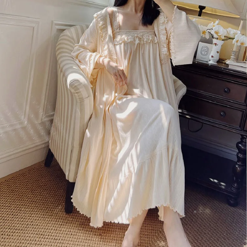 Sexy Cotton 2 Pieces Robe Sets For Women Autumn Spring Robes Royal Roupas De Dormir Femininas Loose Sleepwear