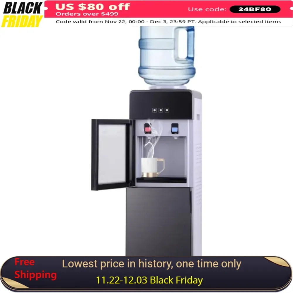 

5 Gallons Water Dispenser With Glass Doors, Top Loading Water Cooler Dispenser, 3-5 Gallon Bottles, Hot And Cold Water Dispenser