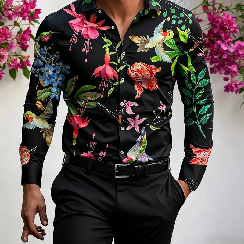 Men's White Watercolor Hummingbird Tropical Floral Long-Sleeved Shirt, Spring/Summer Green Leaf Indian Faux Collar Shirt