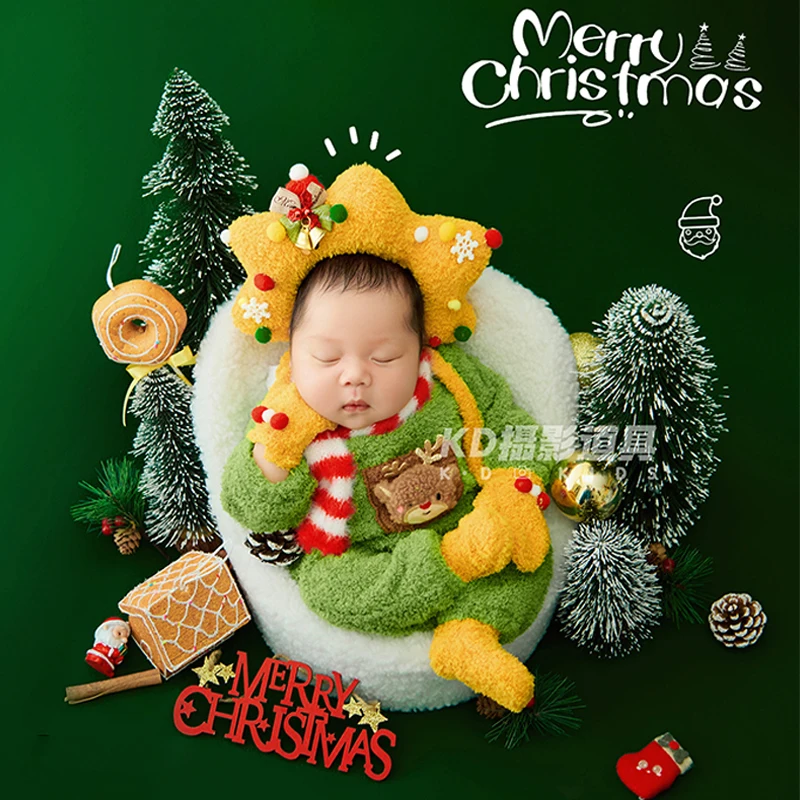 

Christmas Newborn Photography Outfit Green Plush Romper with Reindeer +Star Hat +Scarf + Socks, Soft Warm Baby Photo Costumes