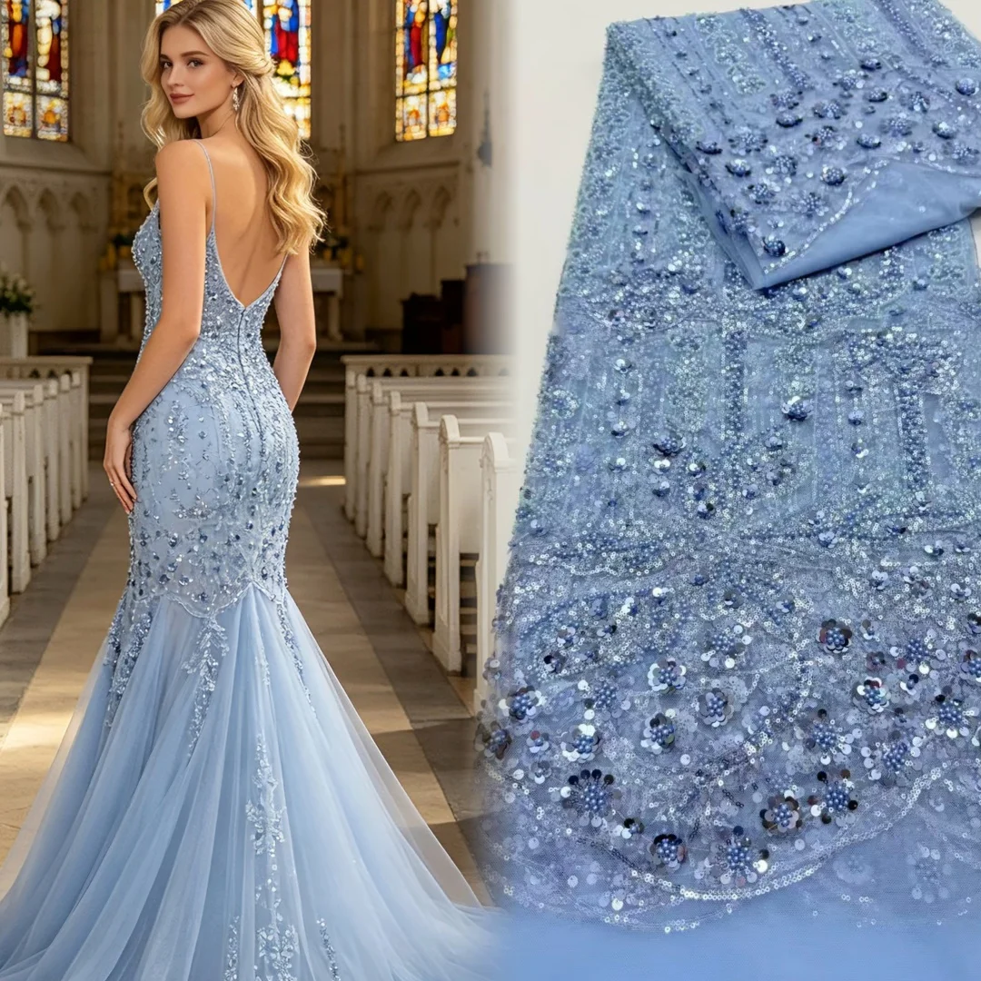 

African Nigerian Beaded Lace Fabric 2026 High Quality Embroidery Sequins French Tulle Mesh For Women Wedding Dress Sewing