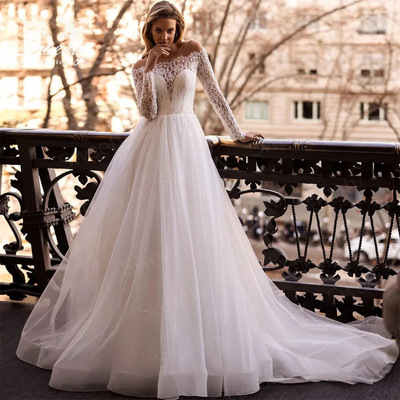 Abito da sposa vintage in organza con ricamo in pizzo, abito da ballo, scollo a barca, manica lunga, abito da sposa con bottoni posteriori Vestido De Casamento