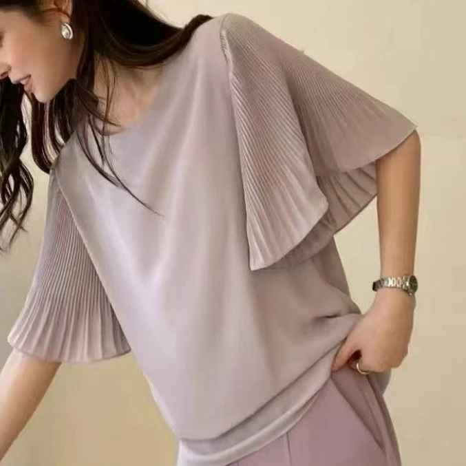 

KUSAHIKI Japanese Korean Women's 2025 Spring New Elegant Pleated Flared Sleeve Round Neck Shirt