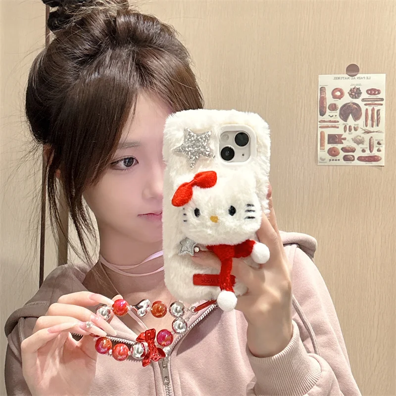 Luxury Plush Cute Star Glitter Hello Kitty Fluffy Fur Phone Case For iPhone 11 12 13 14 15 16Pro Max Scarf KT Warmer Plush cover