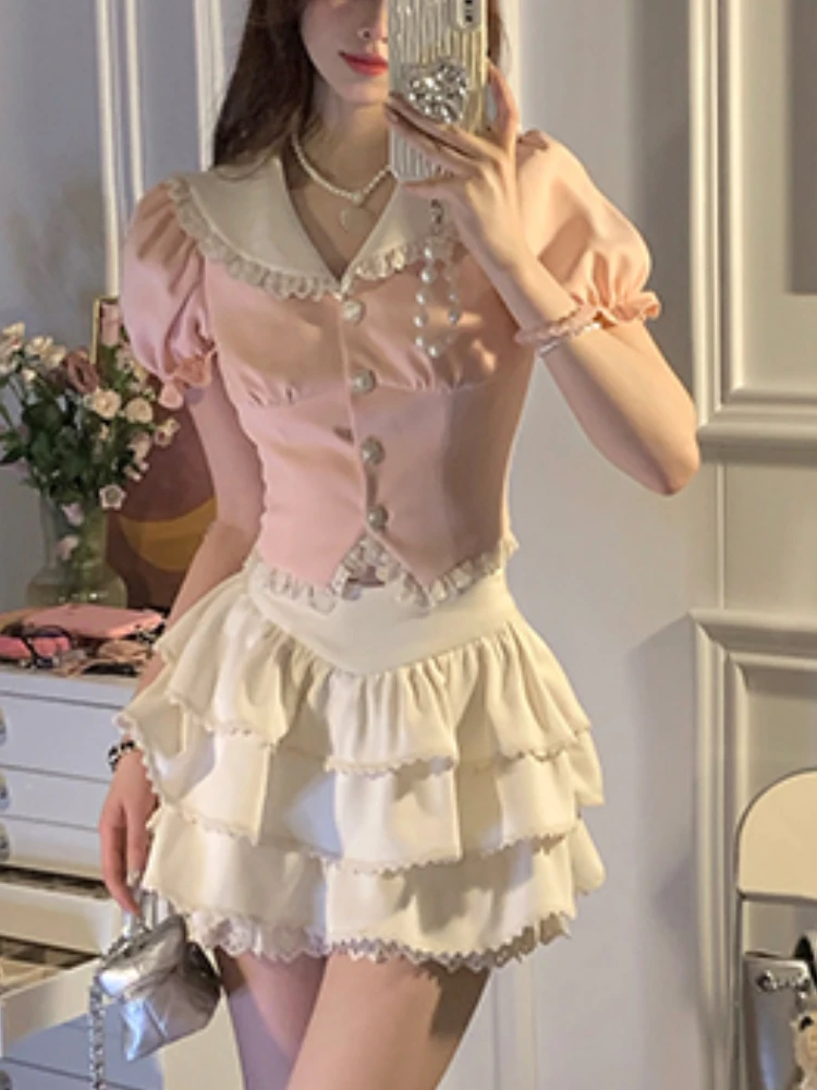 Japanese Lolita Kawaii Two Piece Set Women Lace France Sweet Cake Skirt Suit Female Korean Puff Sleeve Blouses ＋ Mini Skirt 2023