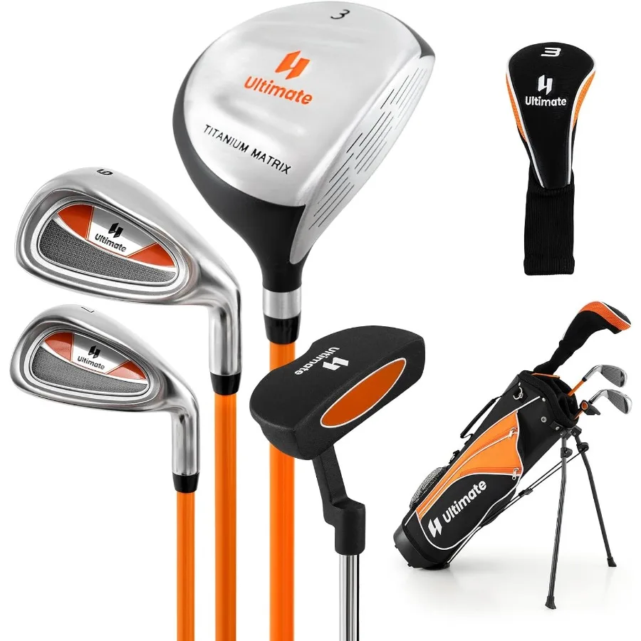 Przenośny zestaw golfowy dla młodzieży dla praworęcznych zawiera 3 fairway wood, żelazka 7 i 9, putter i torbę golfową z podstawką, idealny do nauki grających w golfa.