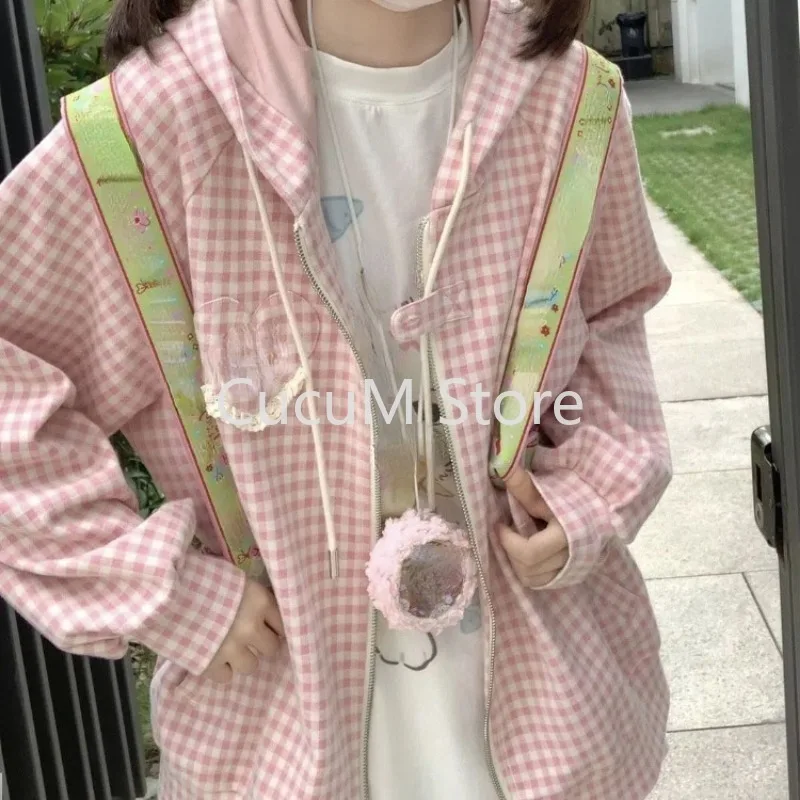 2024 New Fashion Sweet Strawberry Cake Jackets New Long Sleeve Zipper Hoodie Tops Y2k Kpop Pink Plaid Heart Coat Women