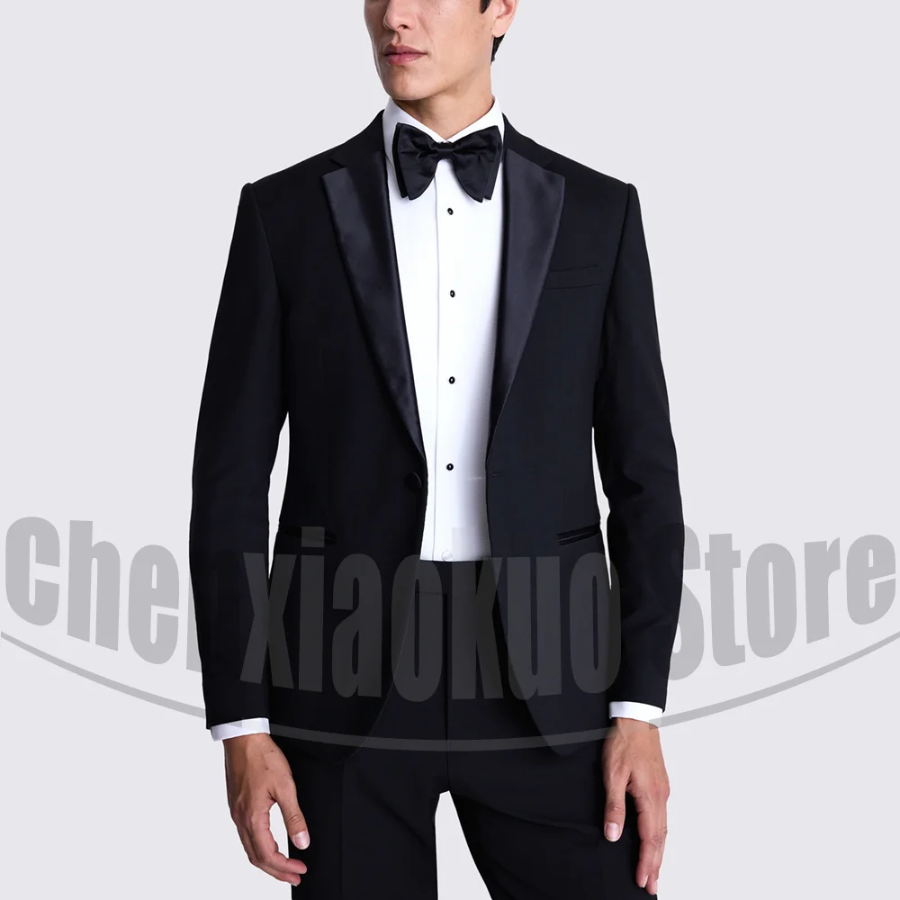 

Elegant Black Men Suits Satin Notch Lapel One Button Male Clothing 2 Piece Fashion Groom Wedding Evening Party Prom Tuxedos