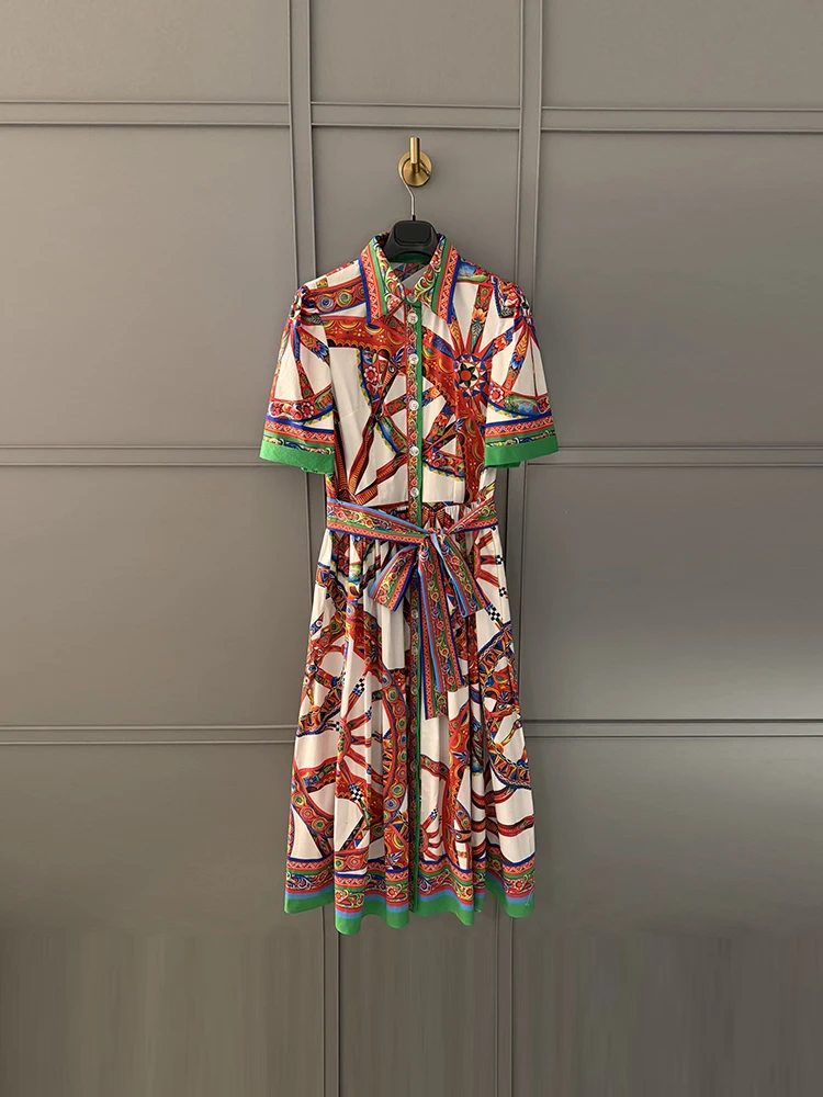 Summer Fashion Party Vintage Pattern Print Elegant Cotton Long Dress Women's Turn-down Collar Short Sleeve Belt A-Line Dresses