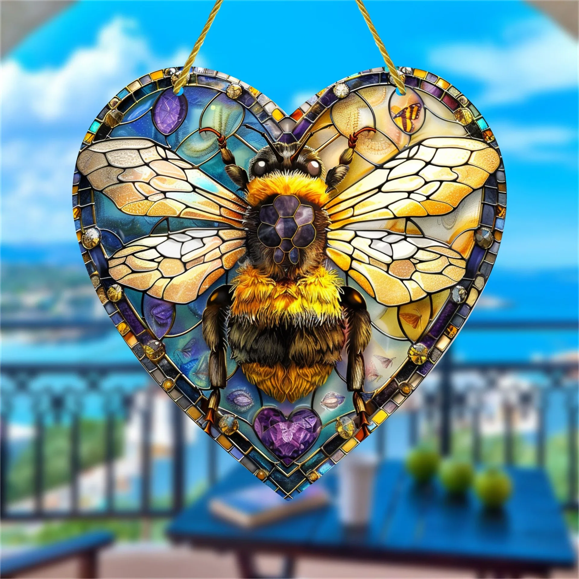 

Bee suncatcher stained glass style window pendant summer decoration heart plaque