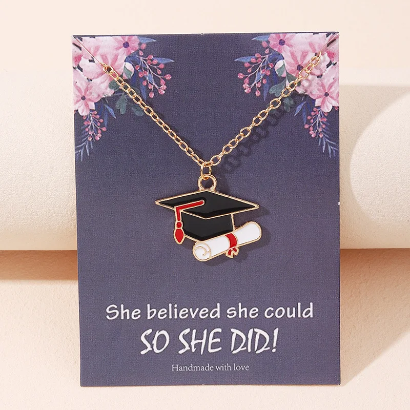 Creative Cartoon Bachelor\'s Hat Enamel Alloy Pendant Graduation Bouquet Necklace For Women Trendy Charm Student Jewelry Gifts