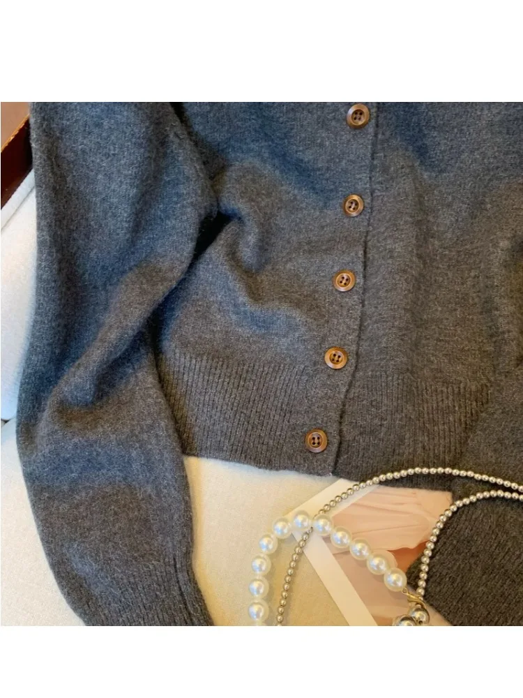 Autumn Winter Women's Knitted Cardigan Sweater Embroidered Daisy Pure Color round Ne Button up Top Loose Fit Sweet Sle