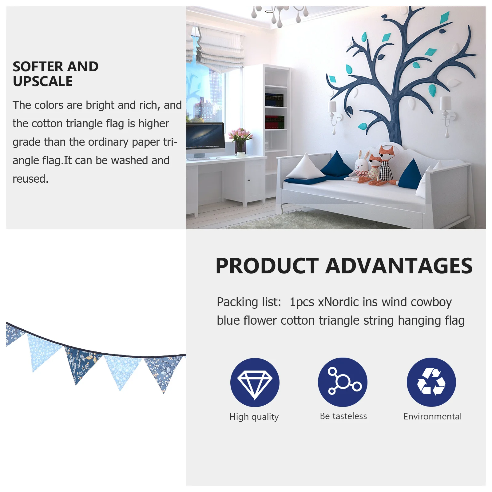 

Premium Cotton Banner Triangular Flag String Hanging Ornament for Home Party Event Decoration Photo Shoot Backdrop Prop