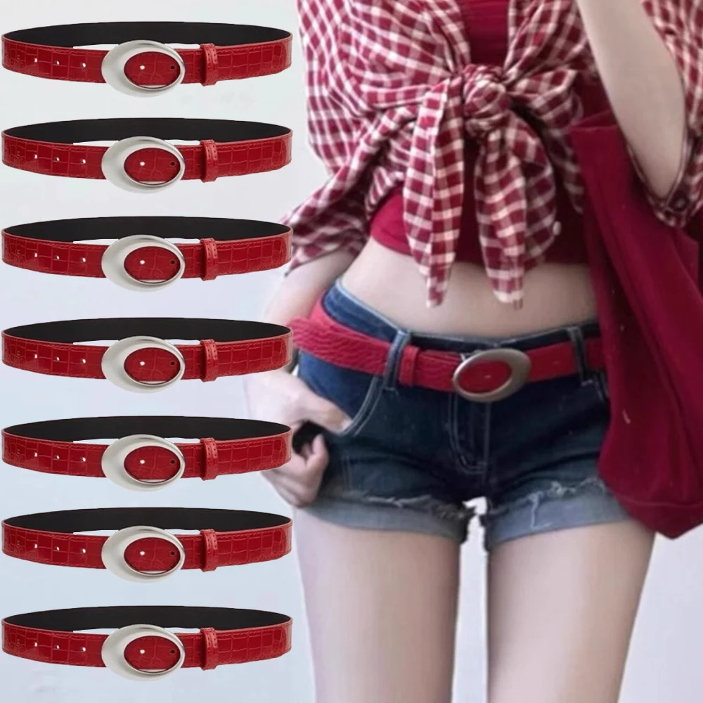 

Vintage American Belt Crocodile Lines for Women Men Fashion Pu Leather Punk Metal Buckle Jeans Pants Advanced Red Waist Belts