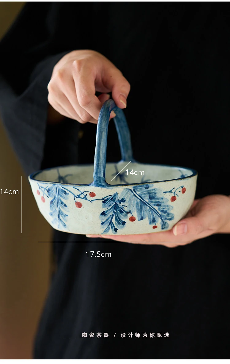 Hand-painted Blue And White Porcelain Fruit Basket With Handle Jingdezhen Handmade Chinese-style Cat Design Fruit Pate