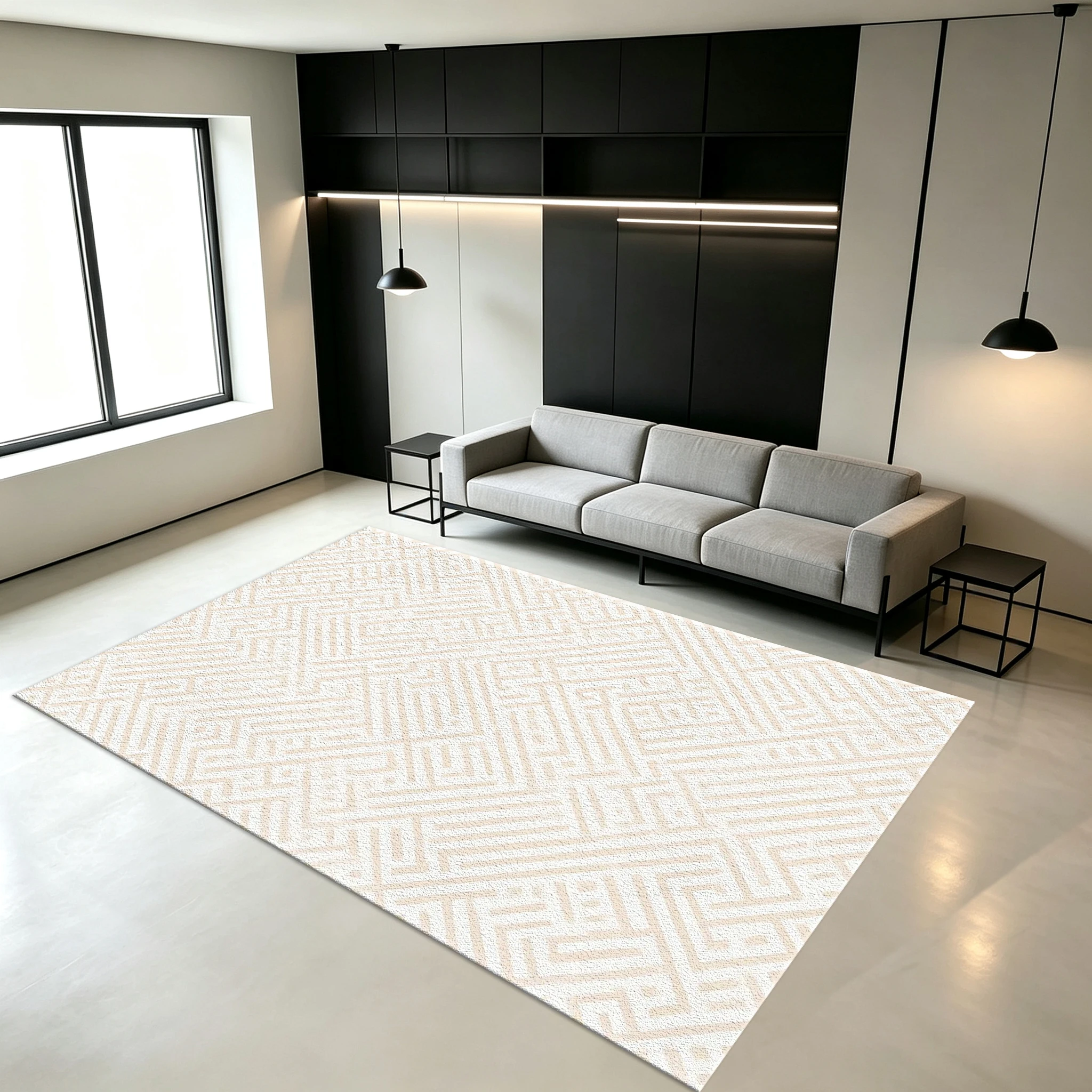 Beige Gray Abstract Geometric Carpet Floor Mat Simple Hand-Painted Line Print Carpet Non-Slip Floor Mat Suitable for Apartment Bedroom Home Decoration