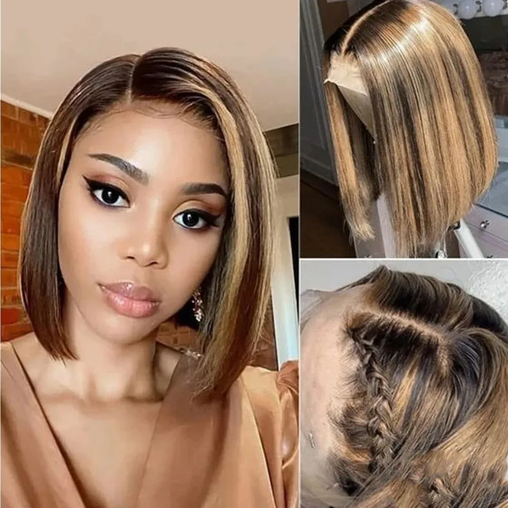 

Натуральный коричневый парик-каре с эффектом омбре, прямой, с лазерной фиксацией, из натуральных человеческих волос, для чернокожих женщин