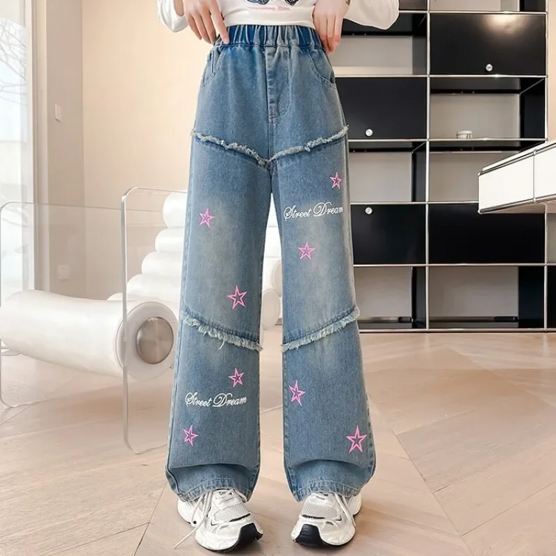 

Girls Loose Wide-leg Jeans Trousers Children Letter Star Print Straight Denim Pants Spring Autumn Casual Clothing 5-12 Years