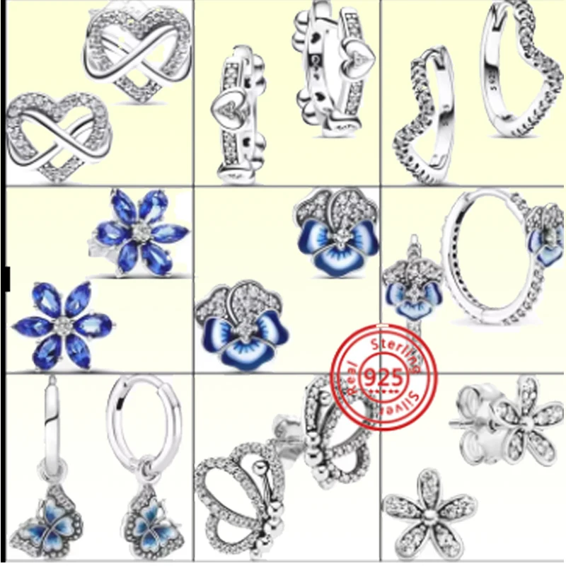 

Женские ювелирные изделия из 100% стерлингового серебра 925 пробы, синий циркон, цветок, бабочка, бесконечное сердце любви, сверкающие оригинальные серьги-гвоздики Pantaro