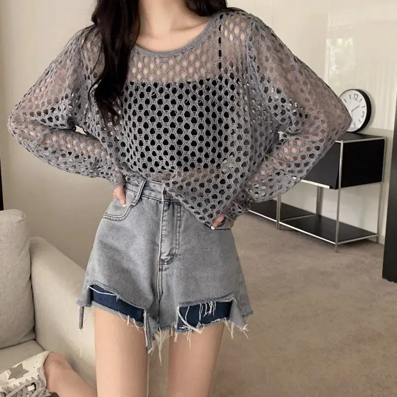 Ladies Fashion Mesh Hollowed Out See-through Pullover Sweater Women Clothes Girls Casual Sweaters Female Clothing BVy1061