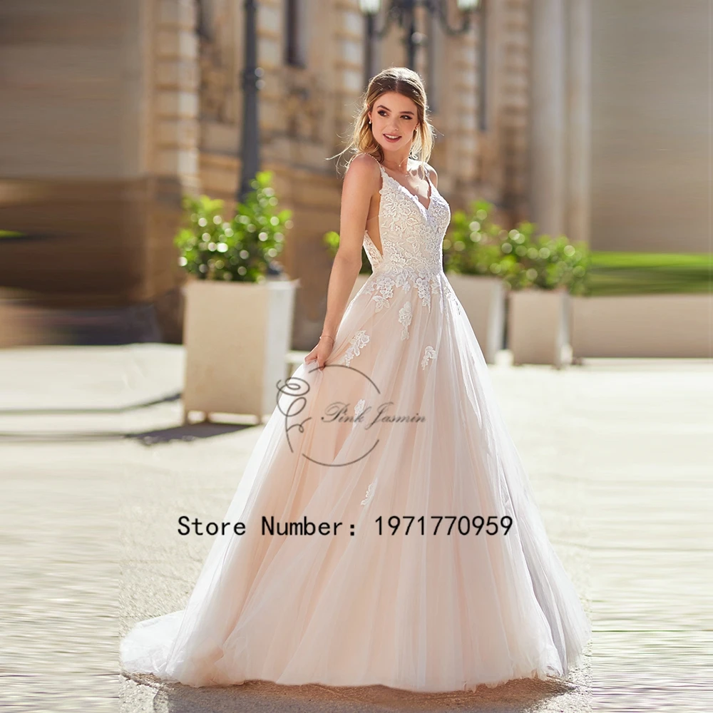 Personalizado cintas de espaguete vestidos de casamento para as mulheres 2024 novo decote em v aberto volta vestidos de noiva uma linha applique vestidos de novia