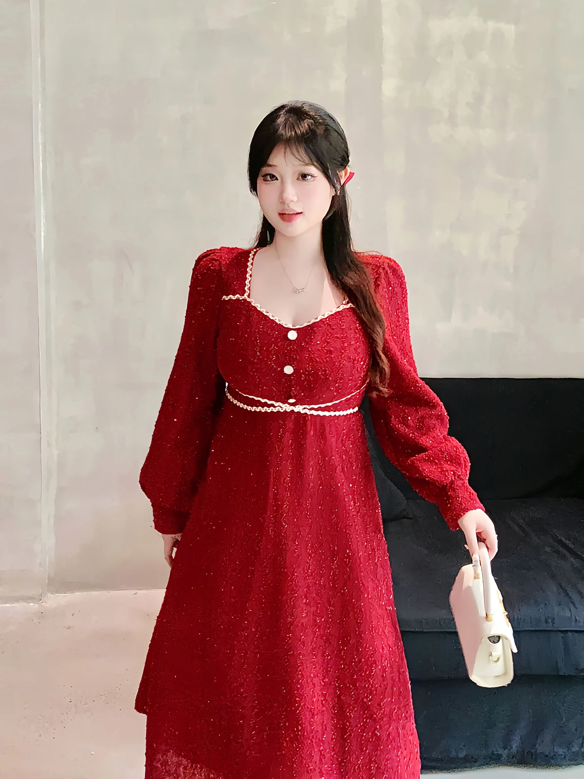 

Slimming Sequin Embroidery Dr Square Collar Engagement Dr plus Size Women's Faion Autumn Red High Waist Long Sve