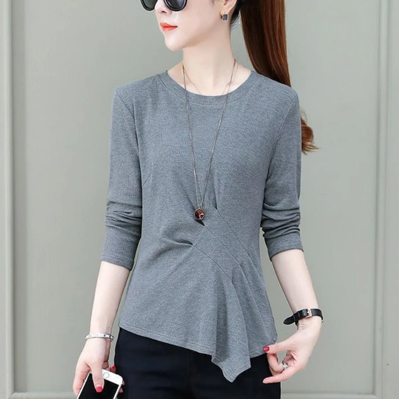 2024 Spring and Autumn Korean Commuter Fashion Versatile Slim Fit Long Sleeve Round Neck Panel Asymmetric Women's T-shirt Top