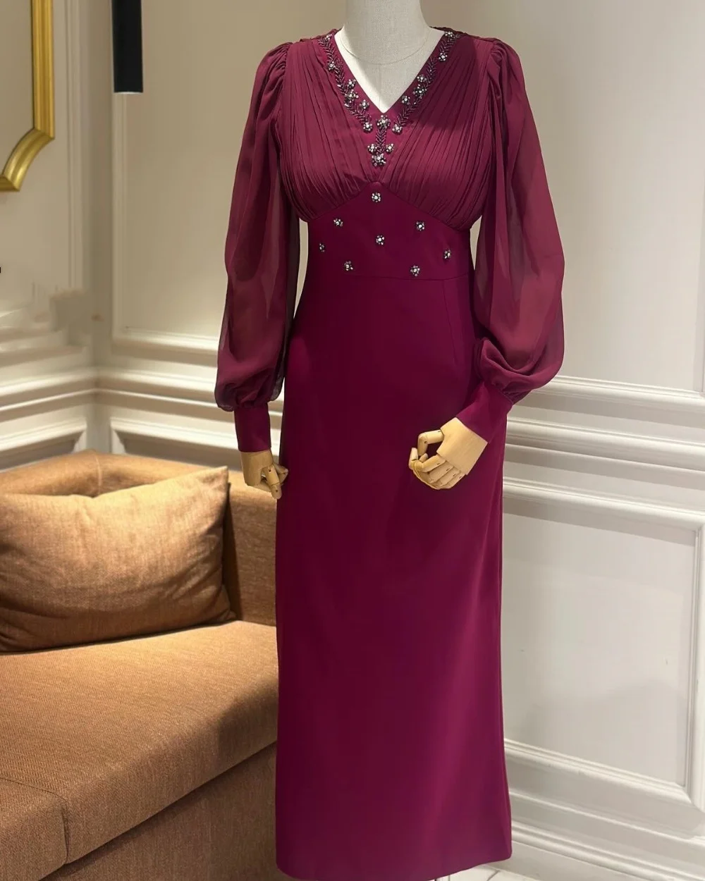 Customized Sparkle Jersey Pleat Sequined Straight V-neck Long Bespoke Occasion Dresses Elegant Matching