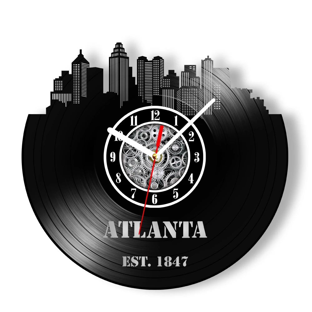 Atlanta Skyline Vinyl Record Wall Clock Living Room Office Home Decor US Cityscape Minimalist Art Carved Music Album Wall Clock