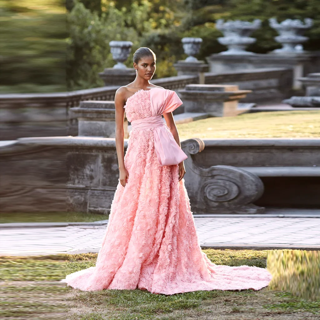 3D Floral Rose Maxi Dresses Draped vestido longo Pink Luxury Prom Gowns فستان حفلات الزفاف Off Shoulder Formal Dress High End