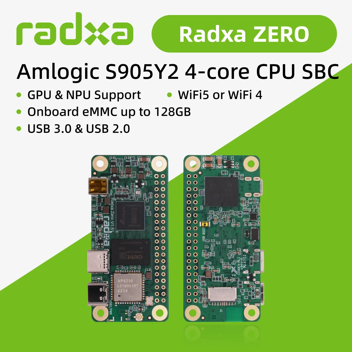 Radxa ZERO  Amlogic S905Y2 4-core CPU SBC, GPU, WiFi 5 or WiFi 4, Onboard eMMC and USB 3.0,Single Board Computer