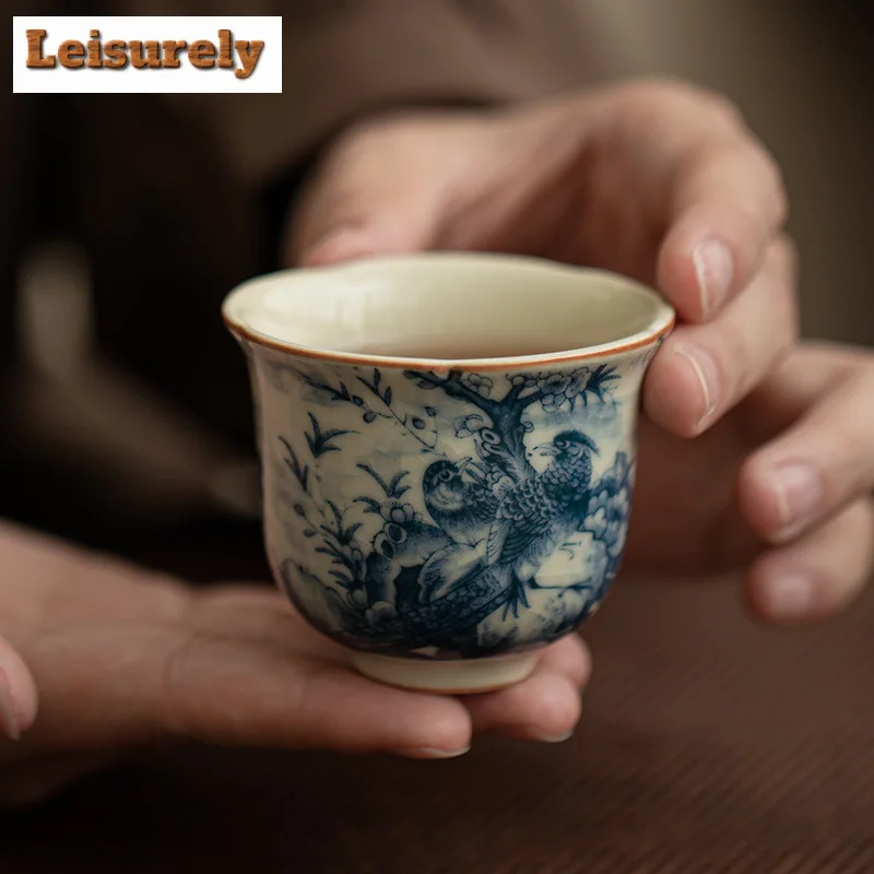 50ml Retro Flower And Bird Ink Ceramic Teacup Ru Kiln Flower Mouth Cup Single Master Cup Personal Tasting Tea Bowl Kungfu Teaset