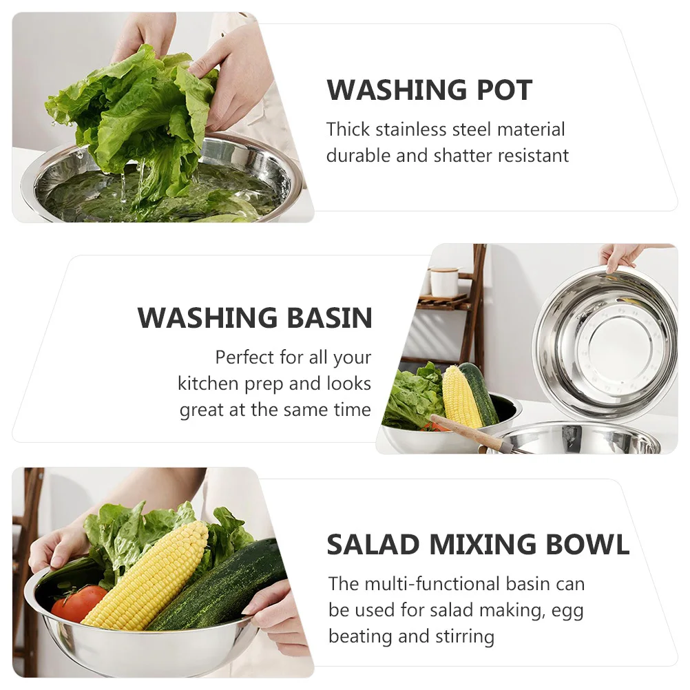 

1Pcs Stainless Steel Basin Thick Salad Mixing Pot Vegetable Washing Tableware Multi-Functional Kitchen Prep
