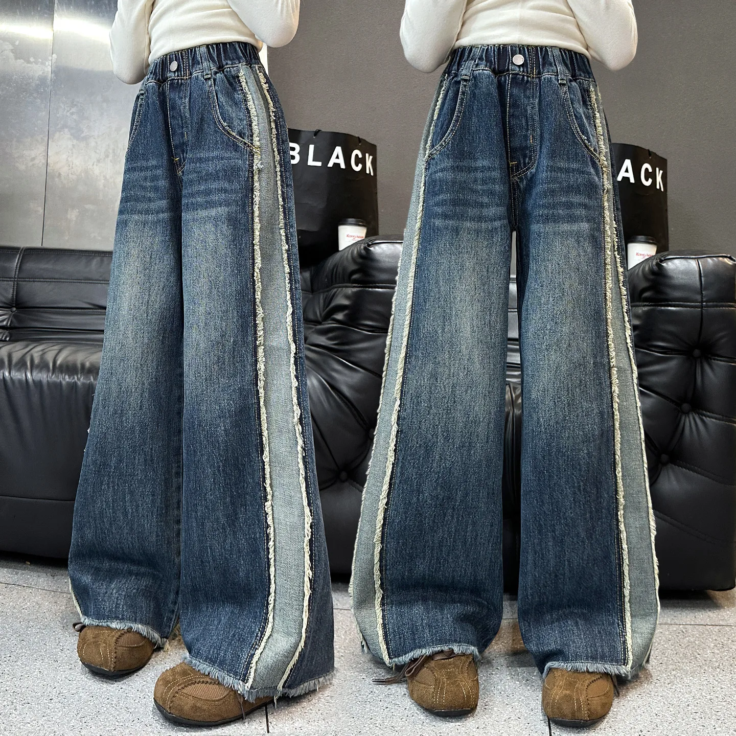 

New Design Kids Stylish Wide Leg Jeans with Raw Hem for Teenage Girls Loose Casual Denim Pants School Child Washed Blue Trousers