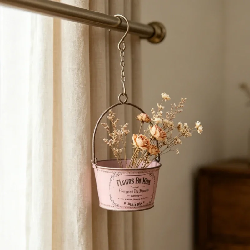 Antiqued Ironwork Letter Printed Pink Flower Pot Chain Hanging Plant Cultivation Basin Courtyard Horticulture Retro Decoration