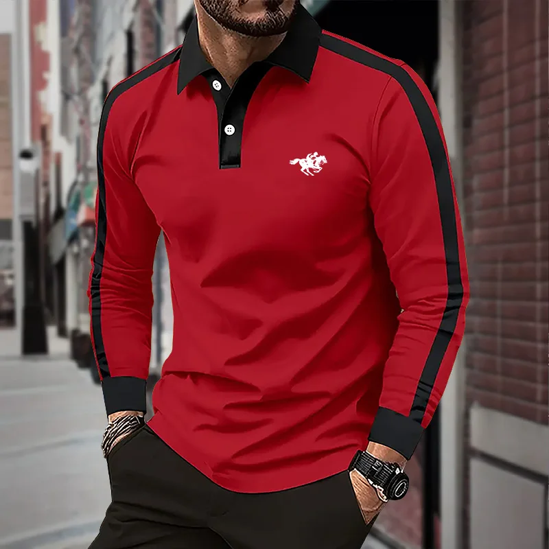 2024 Men\'s long sleeved polo shirt, spring and autumn casual sports breathable top, men\'s fashion patchwork polo shirt