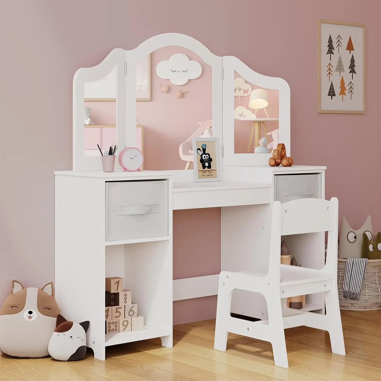 Kids Vanity, 2in1 Princess Makeup Desk&Chair Set w/ Detachable Tri-Folding Mirror, Storage, Wooden Toddler Vanity Dressing Table